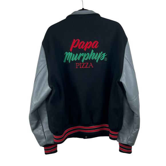 1990 Vintage Dehen Papa Murphys Black Gray Leather Wool Varsity Bomber Jacket XL - Picture 2 of 15